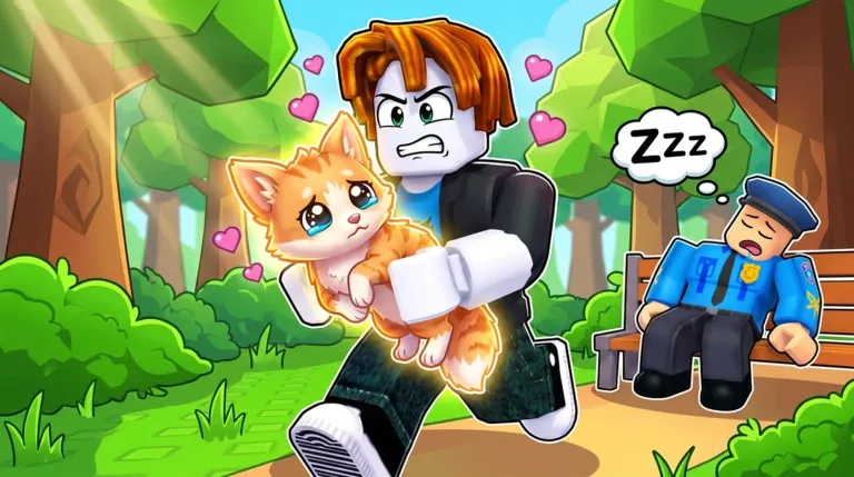 A Save Your Cat player running through Sunny Forest holding a rescued orange cat